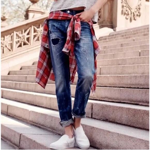 Madewell Slim Straight Boyjean Rip Repair Edition Boyfriend Jeans Womens 26 Blue - Picture 1 of 12